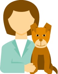 Illustration of a person with brown hair in a teal jacket sitting beside a brown dog