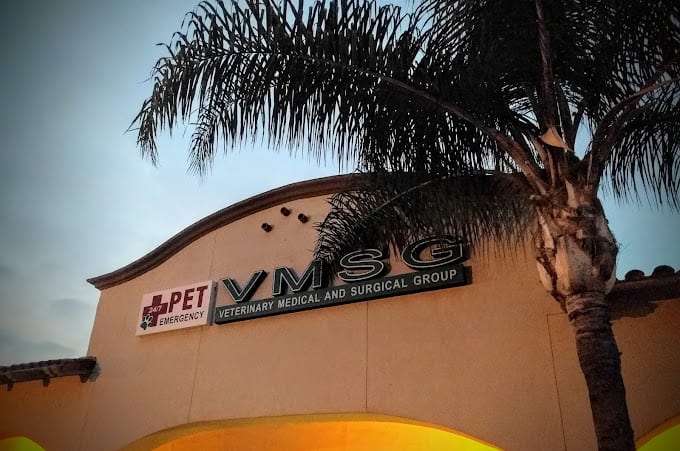 Building sign reading VMSG Veterinary Medical and Surgical Group beside a 24 Pet Emergency sign at dusk