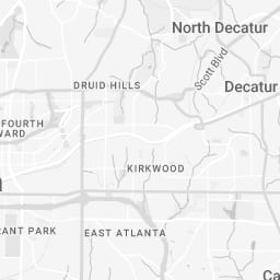 Light grey street map labeled Druid Hills, Kirkwood and East Atlanta