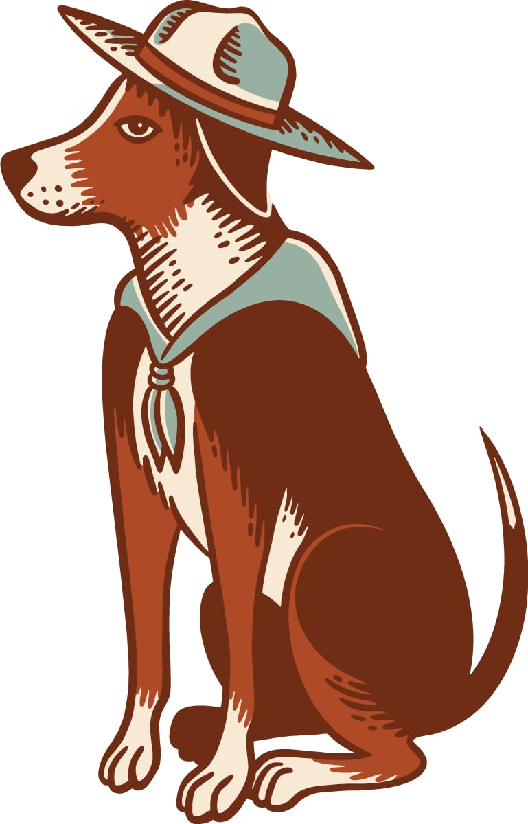Illustration of a seated brown and white dog wearing a hat and neckerchief