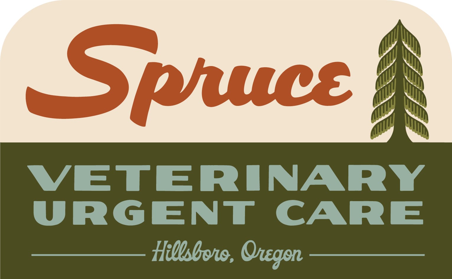 Spruce Veterinary Urgent Care logo with a tree and the words Hillsboro, Oregon