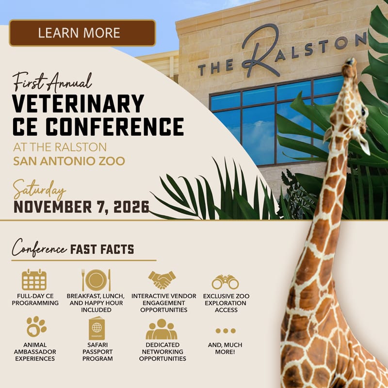 Veterinary conference announcement graphic with a giraffe, a building sign and a grid of icons