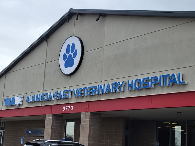 Alameda East Veterinary Hospital building with a blue paw print logo and large blue sign letters