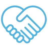 Light blue line icon of two hands clasped together inside a heart shape