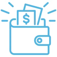 Light blue line icon of a wallet with a dollar bill sticking out