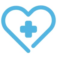 Light blue line icon of a heart outline with a plus sign in the centre