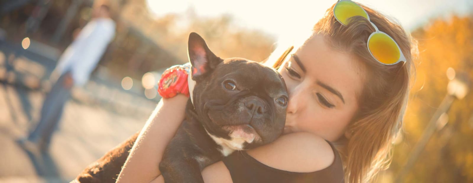 Woman with sunglasses on her head kissing a grey short-nosed dog in warm autumn light