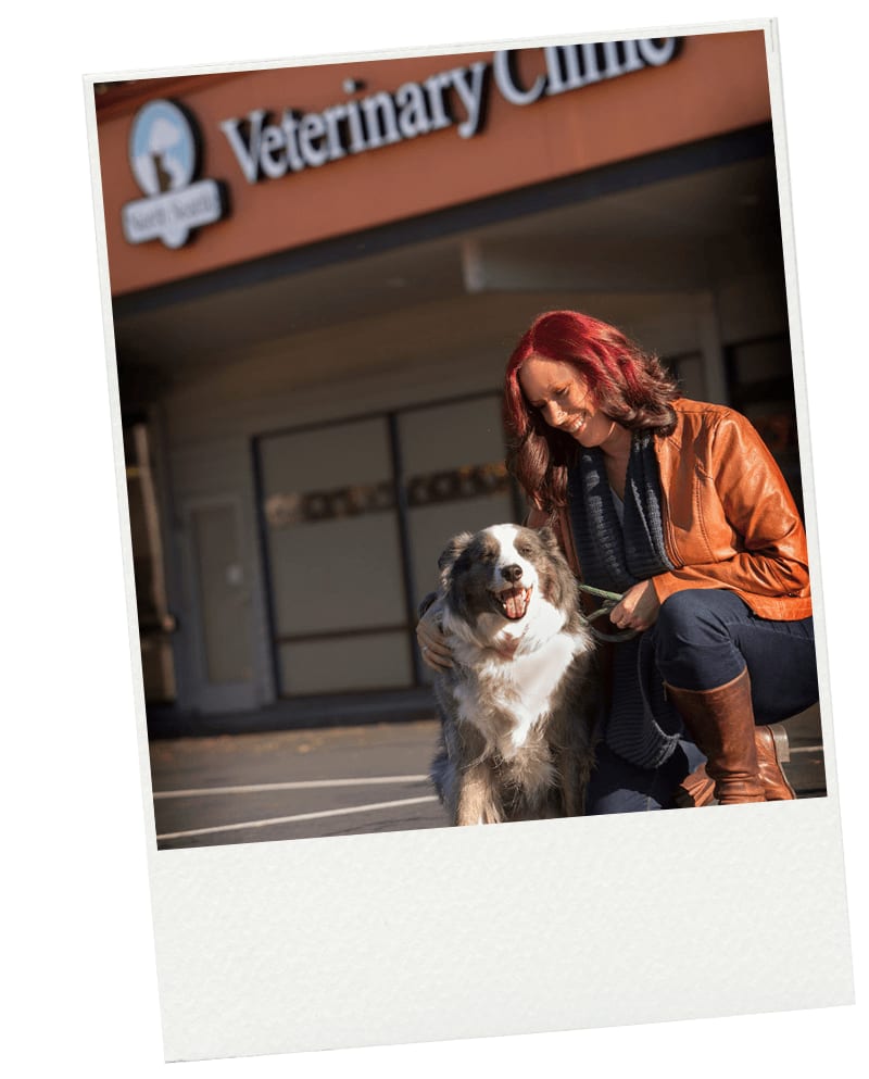 Red-haired woman in an orange jacket kneeling beside a fluffy dog outside a Veterinary Clinic storefront