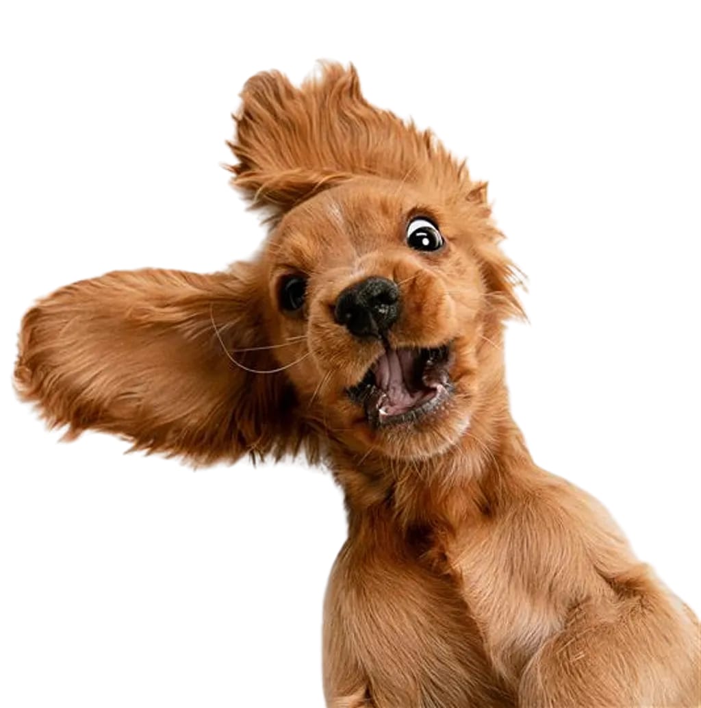 Fluffy reddish-brown dog with one ear flung upward and its mouth open on a white background
