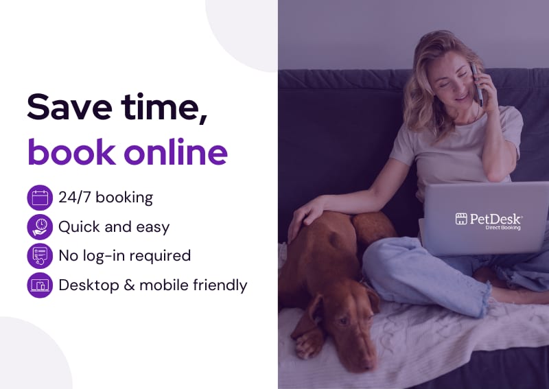 Graphic reading Save time, book online with a woman on the phone beside a brown dog on a sofa