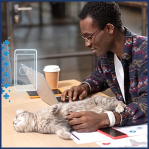Man with glasses typing on a laptop while petting a grey cat lying on the table beside a coffee cup