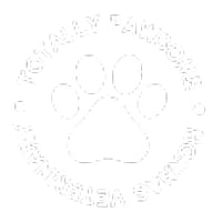 White paw print inside a ring of small text on a white background