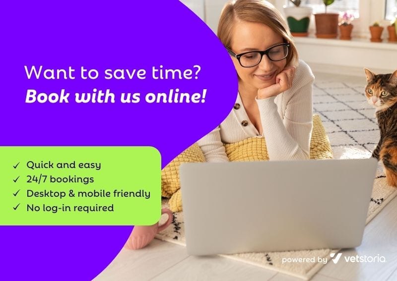 Online booking graphic reading Want to save time? Book with us online! with a woman using a laptop