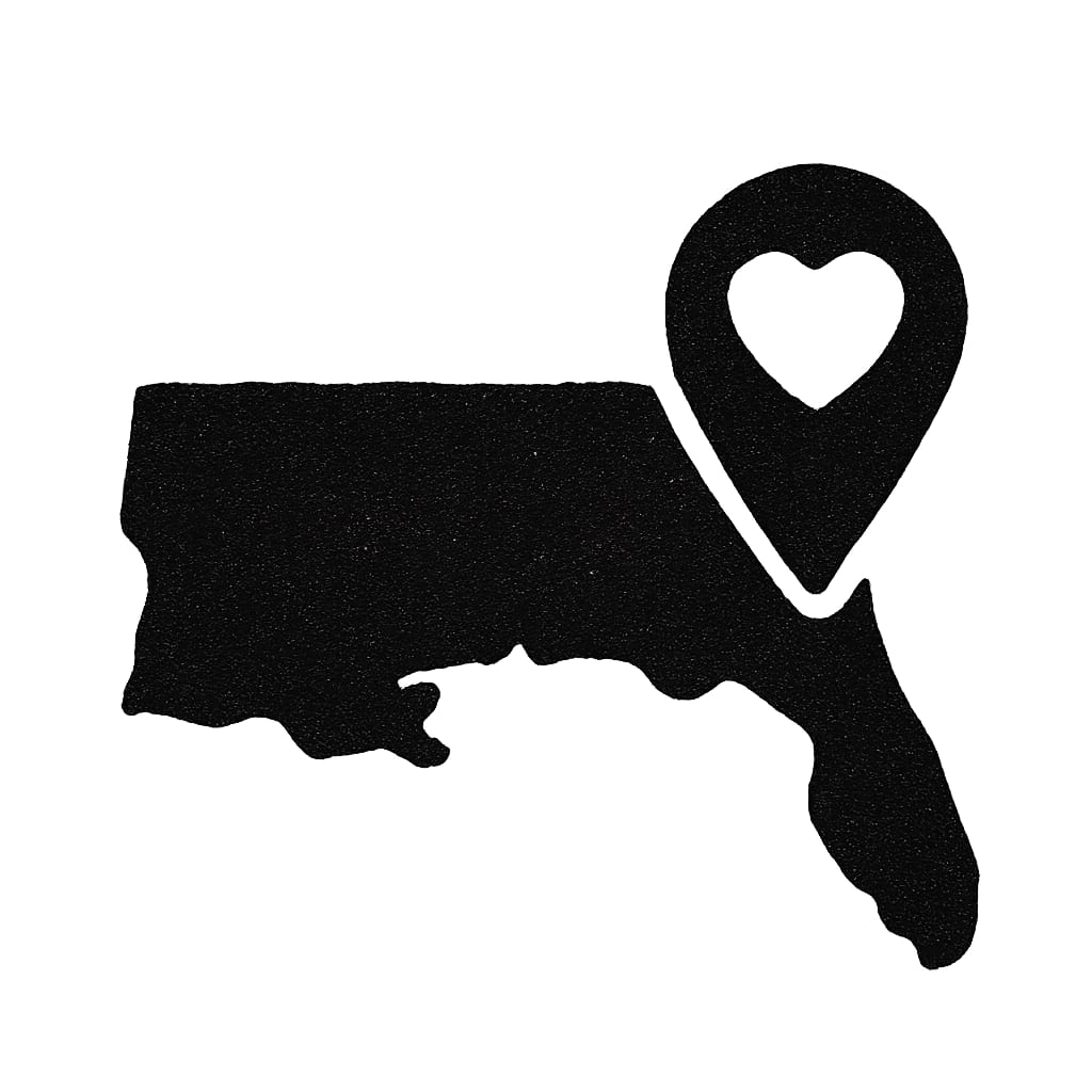 Black icon of a map outline with a location pin containing a heart