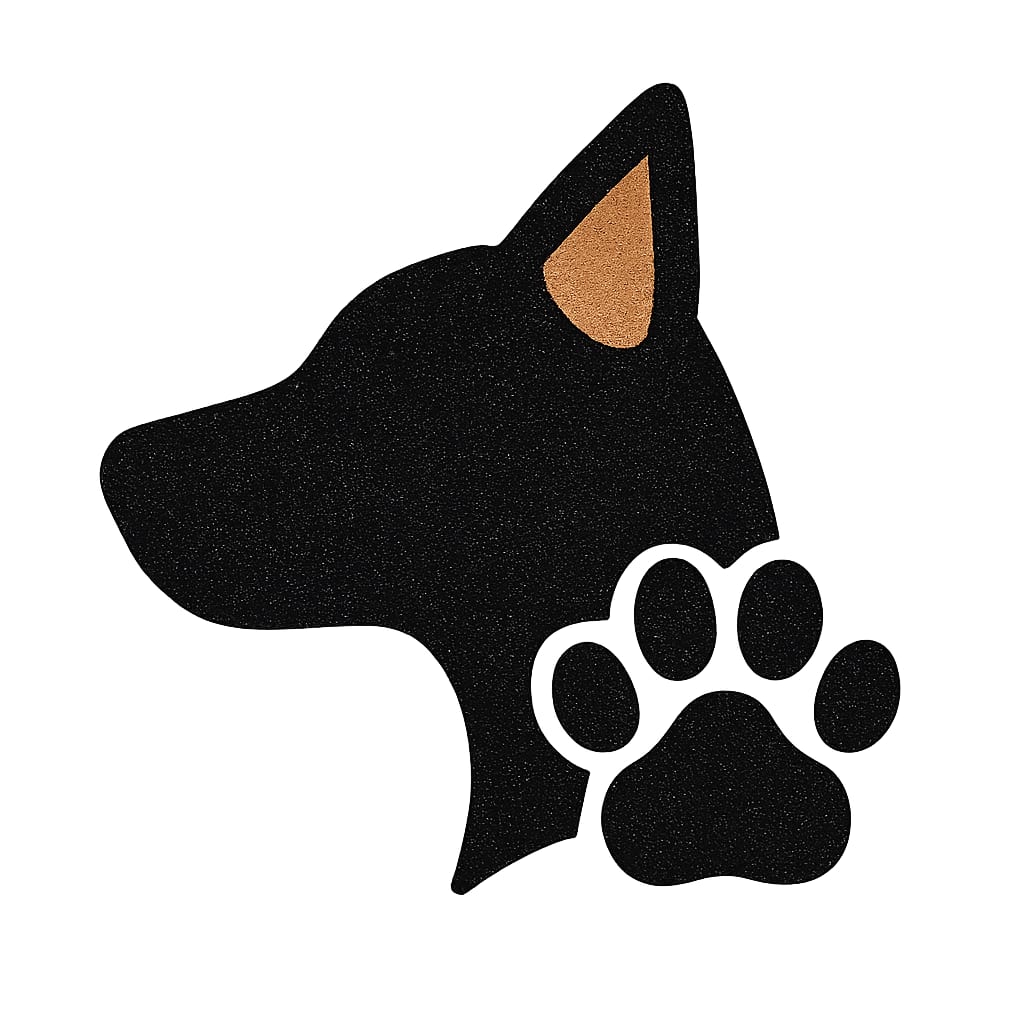 Black icon of a dog's head in profile with a paw print