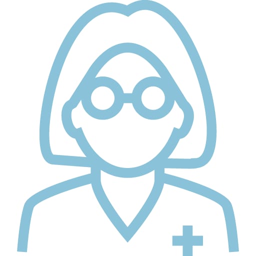 Light blue outline icon of a person with shoulder-length hair, round glasses and a cross on the chest