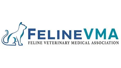 Feline Veterinary Medical Association logo with a blue outline of a sitting cat