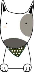 Cartoon illustration of a white dog with grey patches wearing a green polka-dot bandana