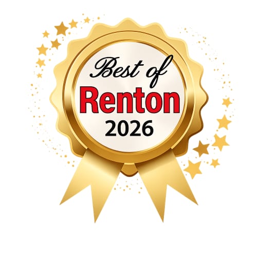 Gold rosette badge with the words Best of Renton 2026 surrounded by stars