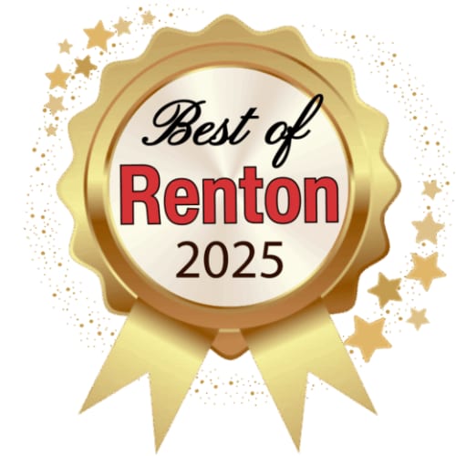 Gold rosette badge with the words Best of Renton 2025 surrounded by stars