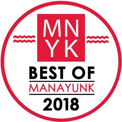 Round badge reading MNYK Best of Manayunk 2018 with a red border