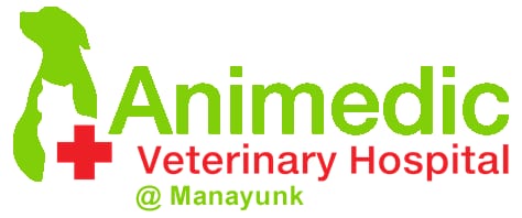Animedic Veterinary Hospital at Manayunk logo in green and red with a red cross