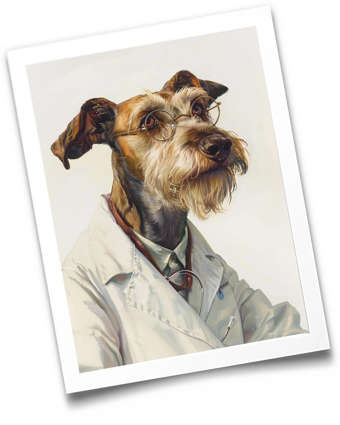 Painted illustration of a wire-haired dog in round glasses, a white lab coat and a stethoscope