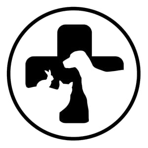 Black circular logo with a medical cross and silhouettes of a dog, cat and rabbit