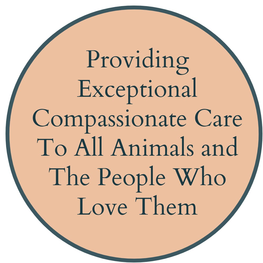Beige circle with text: Providing Exceptional Compassionate Care To All Animals and The People Who Love Them