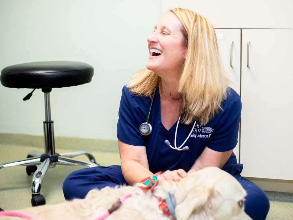 Laughing person in navy scrubs with a stethoscope sitting on the floor with a light-coloured dog