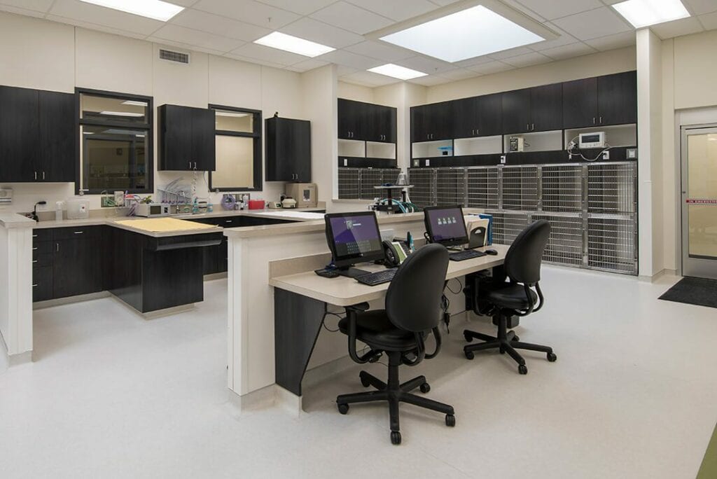 Large work area with dark cabinets, two computer workstations and stainless steel cages along the back wall