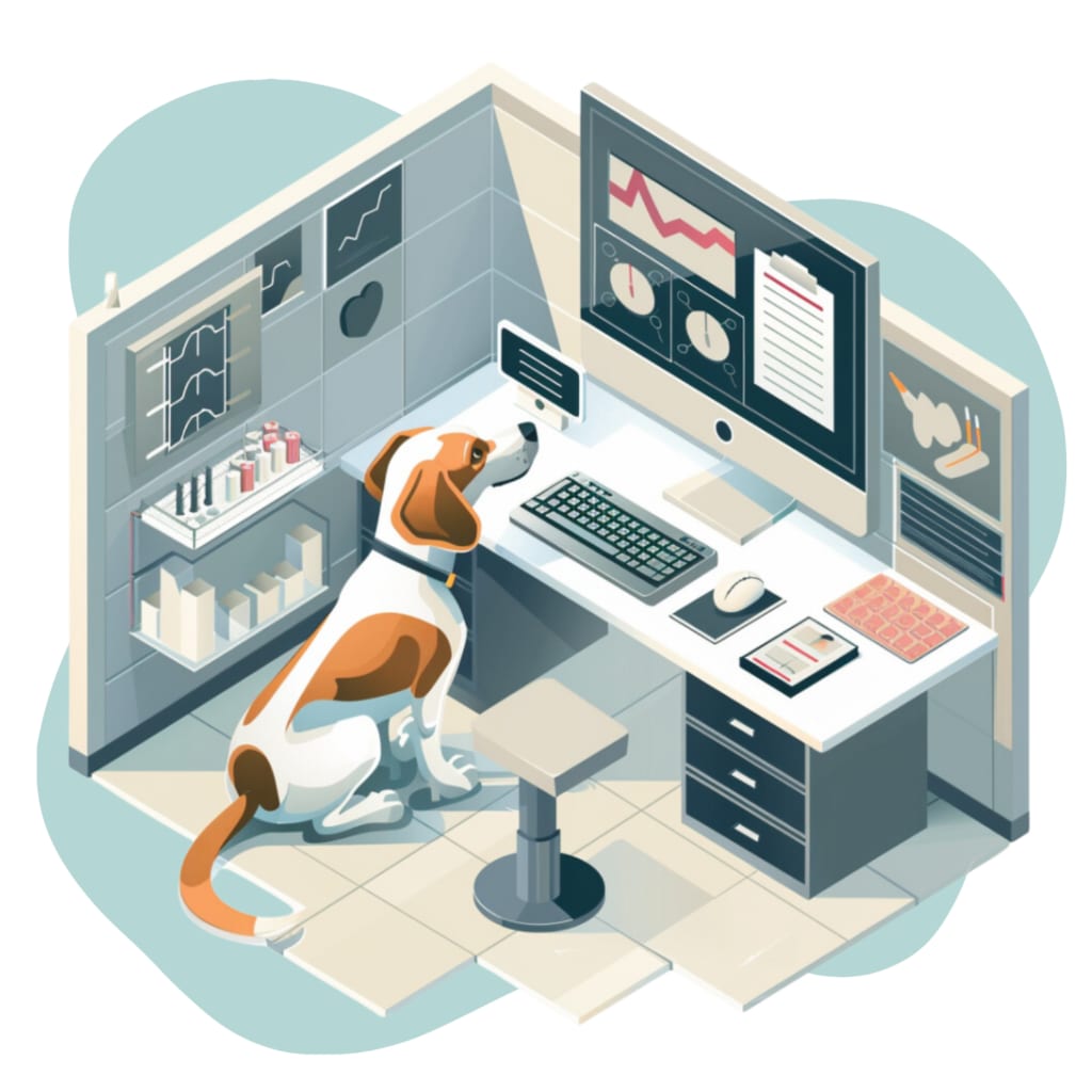 Illustration of a brown and white dog sitting at a desk with a computer monitor and keyboard