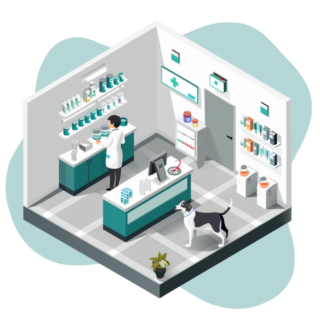 Isometric illustration of a room with a person in a white coat at shelves, a counter and a dog