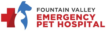 Fountain Valley Emergency Pet Hospital logo with a red cross and a blue dog and cat silhouette