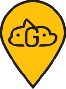 Yellow map pin icon with a letter G inside a cloud-shaped outline