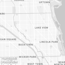 Grey street map of Chicago neighborhoods including Uptown, Lake View, Lincoln Park and Bucktown