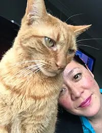Orange tabby cat with a person in a turquoise top partly visible at the lower right