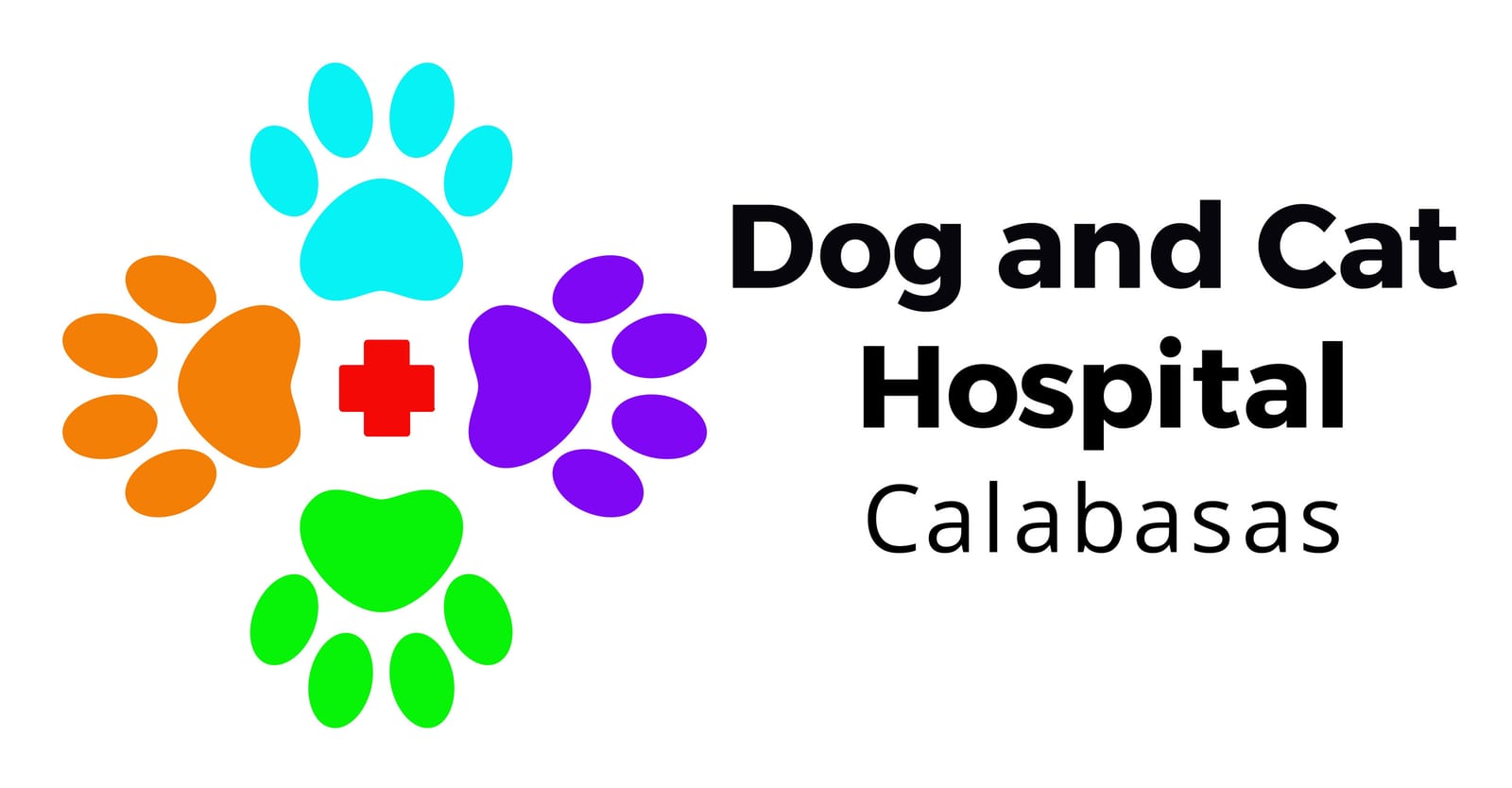 Dog and Cat Hospital Calabasas logo with four colorful paw prints around a small red cross