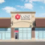 Very small blurry image of a low storefront with a red logo sign under a blue sky