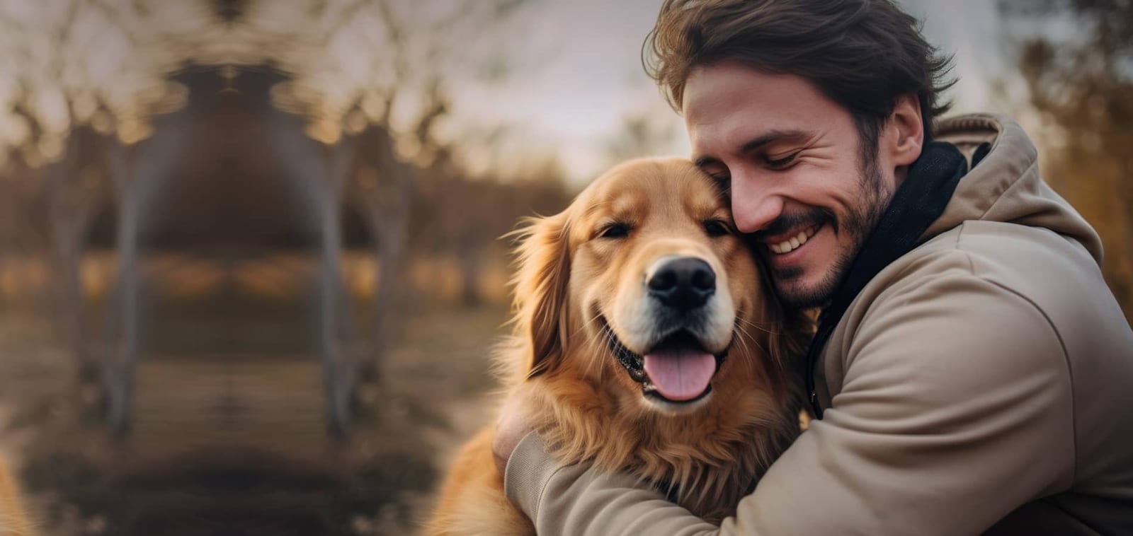 Smiling man in a tan jacket hugging a golden dog with its tongue out outdoors