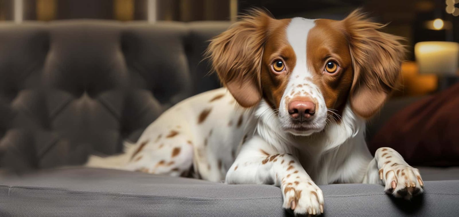 Brown and white dog with long floppy ears lying on a grey tufted couch