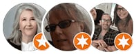 Three round profile photos of people with orange circular star badges on a white background