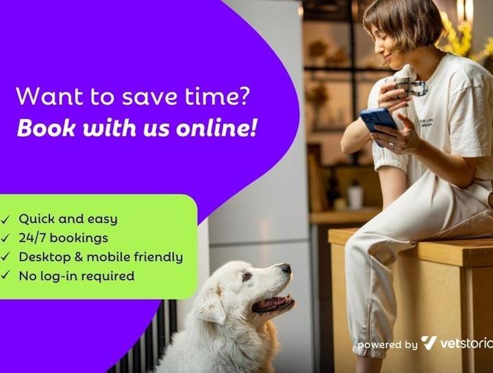 Promotional graphic reading Want to save time? Book with us online! with a woman using a phone and a white dog