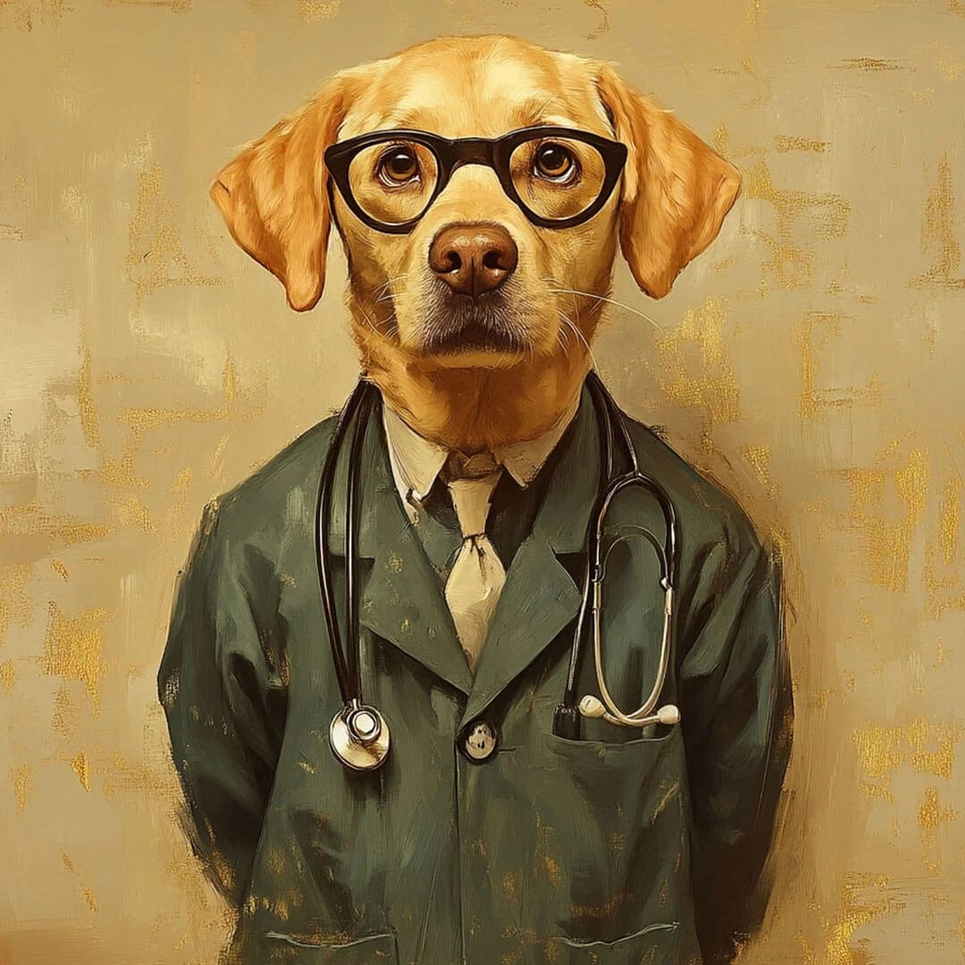 Painted illustration of a golden dog wearing round glasses, a green coat and a stethoscope