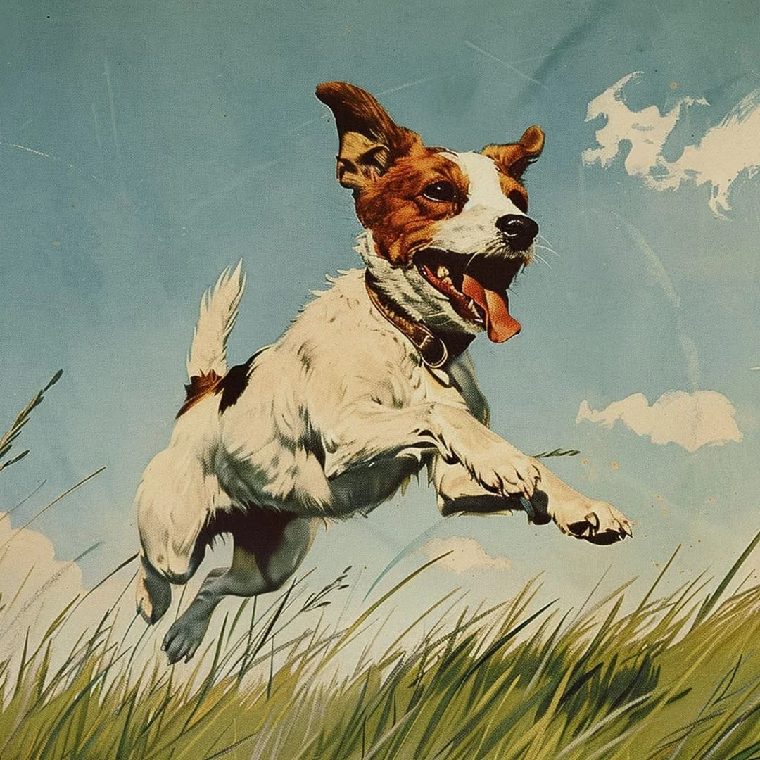 Vintage-style illustration of a white and brown dog leaping over a grassy field