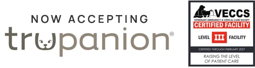Now Accepting Trupanion logo beside a VECCS Level III Certified Facility badge