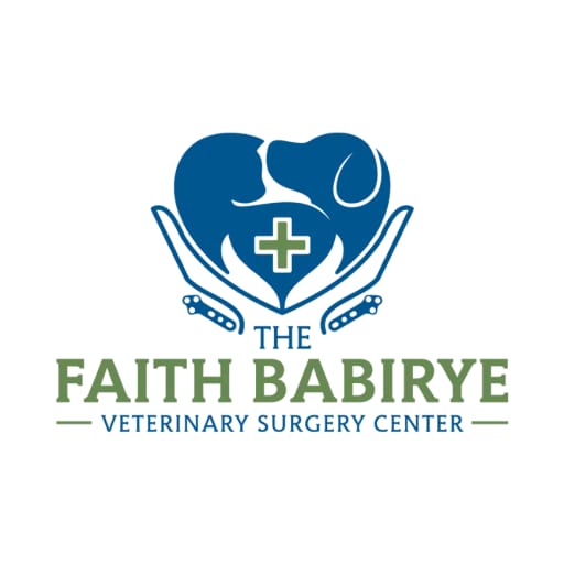 Logo with a blue heart-shaped dog silhouette containing a green cross, held by two open hands