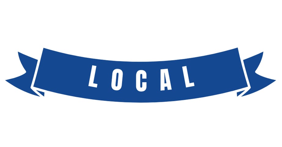 Blue ribbon banner with the word LOCAL in white capital letters