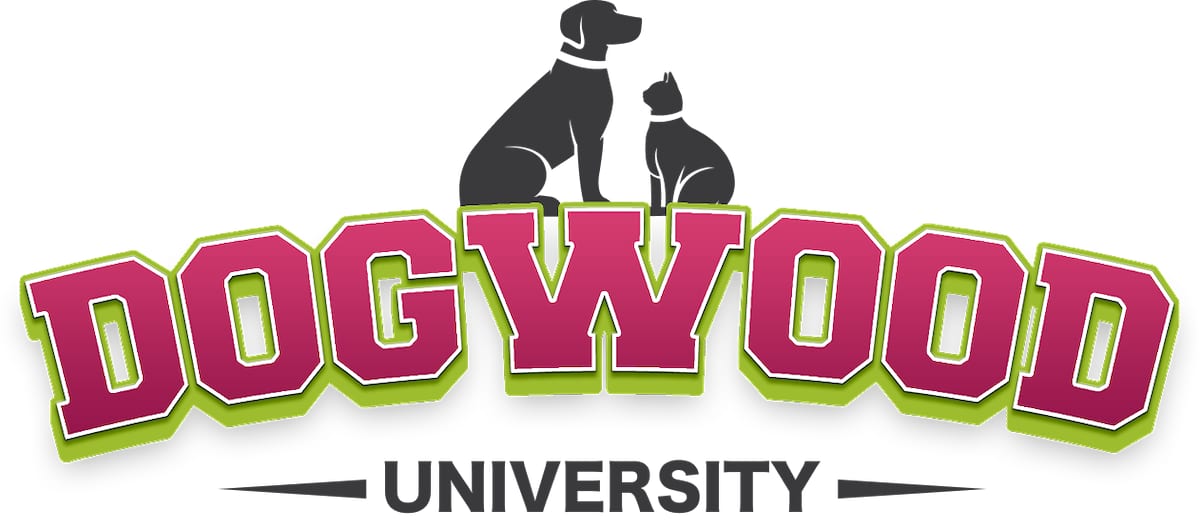 Dogwood University logo with dog and cat silhouettes above pink and green lettering