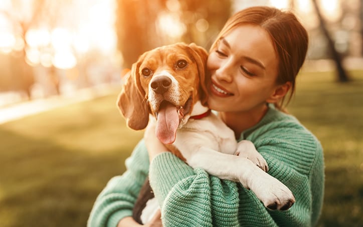 Smiling woman in a green knit sweater hugging a brown and white dog with its tongue out